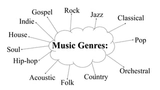 Music Genres:
Indie
Rock
Jazz Classical
Pop
Gospel
House
Soul
Hip-hop
Acoustic
Folk
Country
Orchestral
 