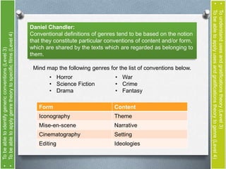 Daniel Chandler: 
Conventional definitions of genres tend to be based on the notion 
that they constitute particular conventions of content and/or form, 
which are shared by the texts which are regarded as belonging to 
them. 
Mind map the following genres for the list of conventions below. 
• Horror 
• Science Fiction 
• Drama 
• War 
• Crime 
• Fantasy 
Form Content 
Iconography Theme 
Mise-en-scene Narrative 
Cinematography Setting 
Editing Ideologies 
• To understand uses and gratifications theory (Level 3) 
• To be able to apply uses and gratifications theory to genre (Level 4) 
• To be able to identify generic conventions (Level 3) 
• To be able to apply genre theory to specific films (Level 4) 
 