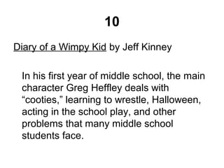 10
Diary of a Wimpy Kid by Jeff Kinney
In his first year of middle school, the main
character Greg Heffley deals with
“cooties,” learning to wrestle, Halloween,
acting in the school play, and other
problems that many middle school
students face.
 
