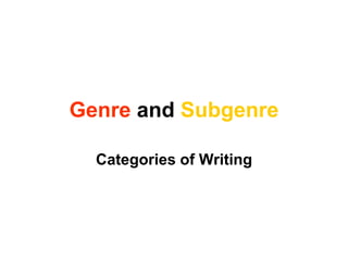 Genre and Subgenre
Categories of Writing
 