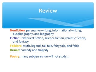 Nonfiction: persuasive writing, informational writing,
autobiography, and biography
Fiction: historical fiction, science fiction, realistic fiction,
and fantasy
Folklore: myth, legend, tall tale, fairy tale, and fable
Drama: comedy and tragedy
Poetry: many subgenres we will not study…
Review
 