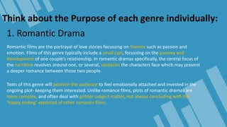 Think about the Purpose of each genre individually:
Romantic films are the portrayal of love stories focussing on themes such as passion and
emotion. Films of this genre typically include a small cast, focussing on the journey and
development of one couple’s relationship. In romantic dramas specifically, the central focus of
the narrative revolves around one, or several, obstacles the characters face which may prevent
a deeper romance between those two people.
Texts of this genre will position the audience to feel emotionally attached and invested in the
ongoing plot- keeping them interested. Unlike romance films, plots of romantic dramas are
more complex, and often deal with grittier subject matter, not always concluding with the
‘happy ending’ expected of other romantic films.
1. Romantic Drama
 