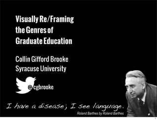 Visually Re/Framing
  the Genres of
  Graduate Education

  Collin Gifford Brooke
  Syracuse University

      @ cgbrooke


I have a disease; I see language.
                          Roland Barthes by Roland Barthes
                                                             1
 