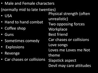 Male and Female characters  (normally mid to late twenties) USA Hand to hand combat Coffee shop Guns Sometimes comedy  Explosions Revenge Car chases or collisions Physical strength (often unrealistic) Two opposing forces Workplace Best friend  Car chases or collisions Love songs Loves me Loves me Not theme Slapstick aspect Devil may care attitudes 