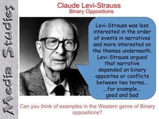 Claude Levi-Strauss 
Binary Oppositions 
Levi-Strauss was less 
interested in the order 
of events in narratives 
and more interested on 
the themes underneath. 
Levi-Strauss argued 
that narrative 
depended on binary 
opposites or conflicts 
between two terms... 
...for example... 
good and bad 
Can you think of examples in the Western genre of Binary 
oppositions? 
 
