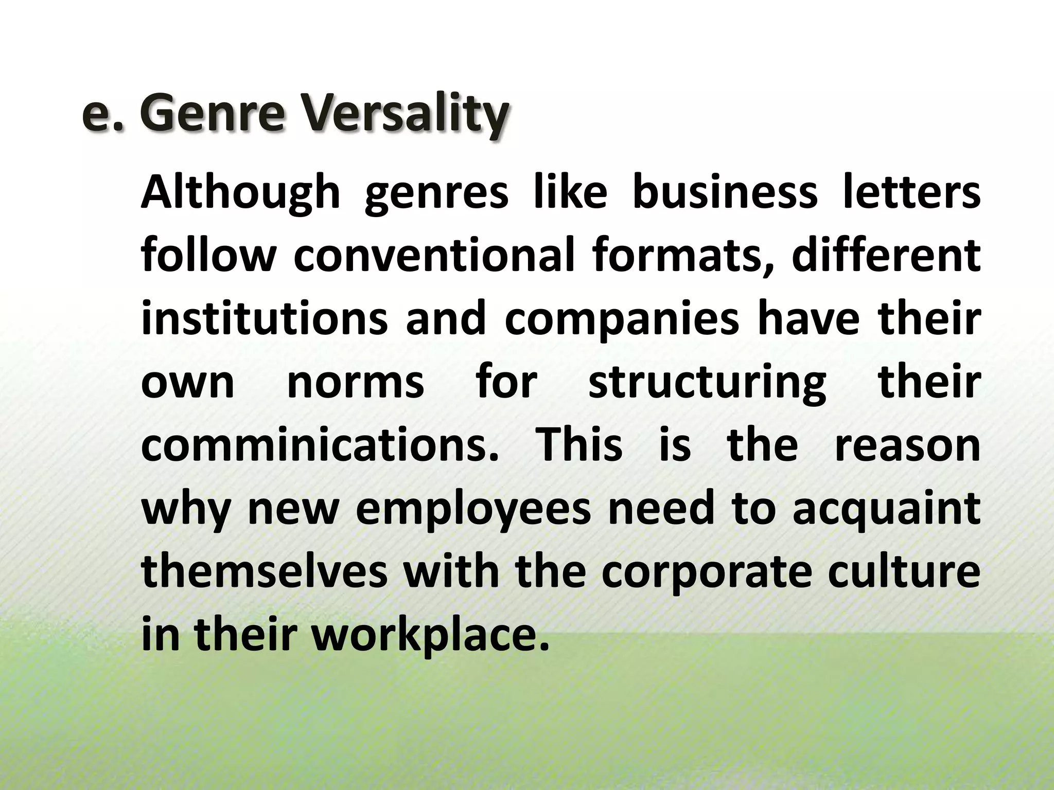 b. Discursive Processes and Genre Bhatia (1999) points out thatprofessional genres are often the "products of a set of establishedproceduresthatform an important part of the disciplinary culture within a profession" (p.23).