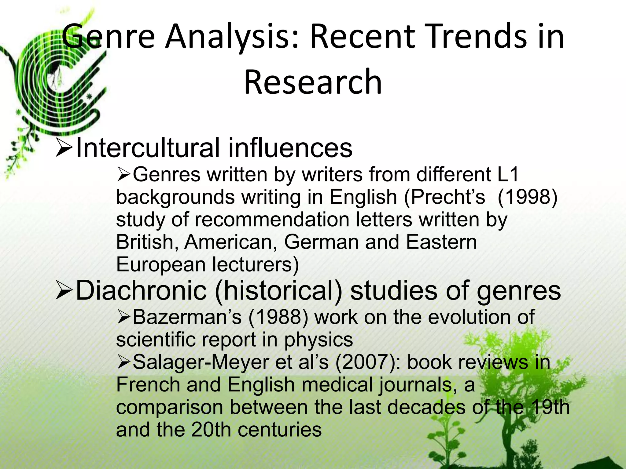 d. Genre Participants	"Practicing genre isalmostlikeplaying a gamewithitsrules and conventions. Established genre participants, bothwriters and readers, are likeskillfulplayers, whosucceed by their manipulation and exploitation of, ratherthan a strict compliancewith, the rules of the game" (Bhatia, 1999, p.24).