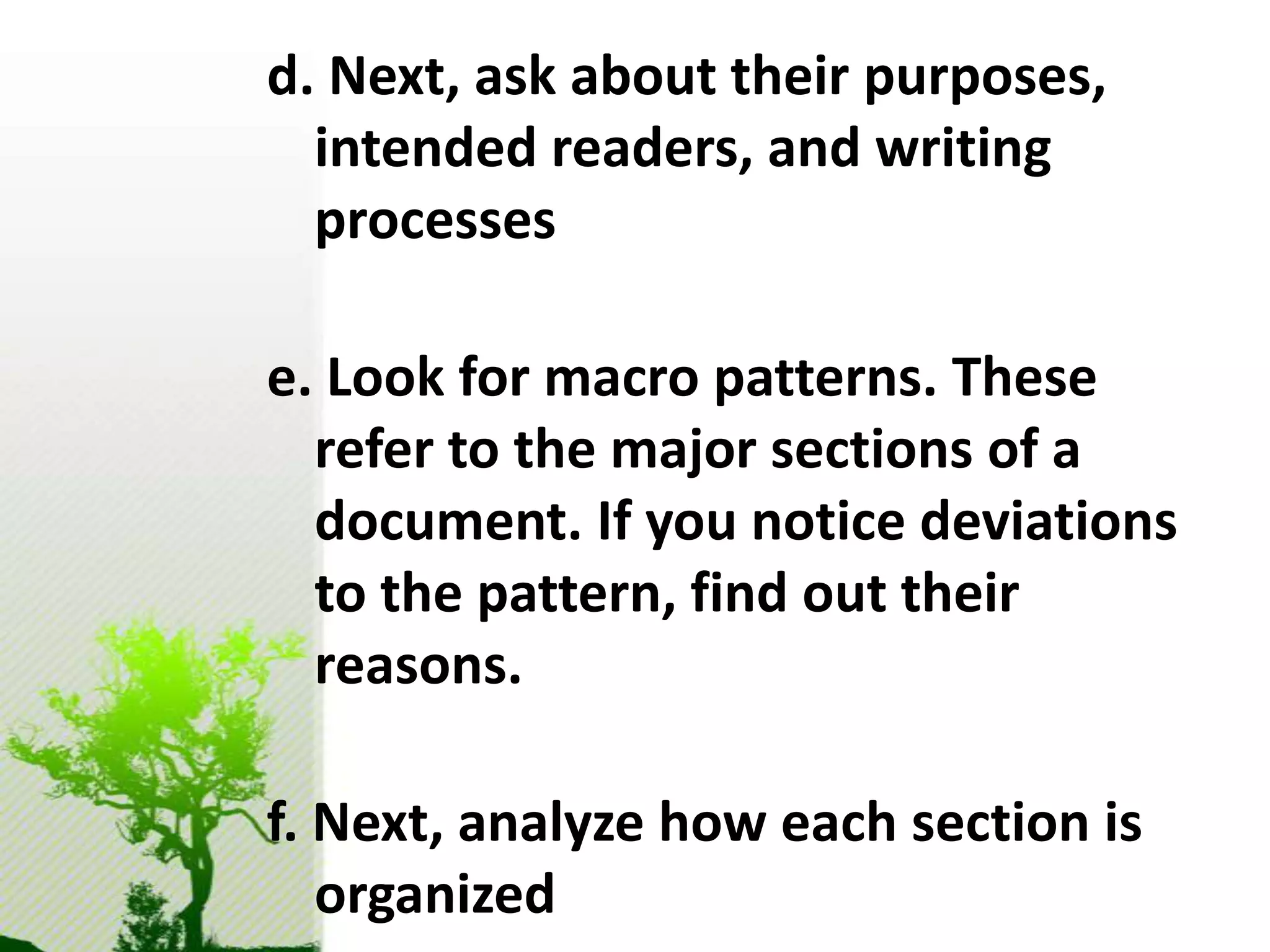 Genre Analysis: The CARS Model            Swales (1990): Move and step analysis of introductions to    research articles: the CARS (creating a research space) modelMove 1: Establishing a territory Step 1. Claiming centrality and/or	Step 2. Making topic generalizations and/or	Step 3. Reviewing items of previous researchMove 2: Establishing a niche Step 1a Counter-claiming orStep 1b Indicating a gap or	Step 1c Question-raising or	Step 1d Continuing a traditionMove 3: Occupying the nicheStep 1a Outlining purposes or	Step 1b Announcing present research	Step 2 Announcing principle findings	Step 3 Indicating Research article structure