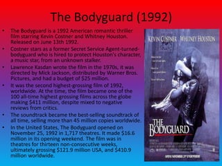 The Bodyguard (1992)
• The Bodyguard is a 1992 American romantic thriller
film starring Kevin Costner and Whitney Houston.
Released on June 13th 1992.
• Costner stars as a former Secret Service Agent-turned-
bodyguard who is hired to protect Houston's character,
a music star, from an unknown stalker.
• Lawrence Kasdan wrote the film in the 1970s, it was
directed by Mick Jackson, distributed by Warner Bros.
Pictures, and had a budget of $25 million.
• It was the second highest-grossing film of 1992,
worldwide. At the time, the film became one of the
100 all-time highest grossing films across the globe
making $411 million, despite mixed to negative
reviews from critics.
• The soundtrack became the best-selling soundtrack of
all time, selling more than 45 million copies worldwide.
• In the United States, The Bodyguard opened on
November 25, 1992 in 1,717 theatres. It made $16.6
million in its opening weekend. The film was in
theatres for thirteen non-consecutive weeks,
ultimately grossing $121.9 million USA, and $410.9
million worldwide.
 