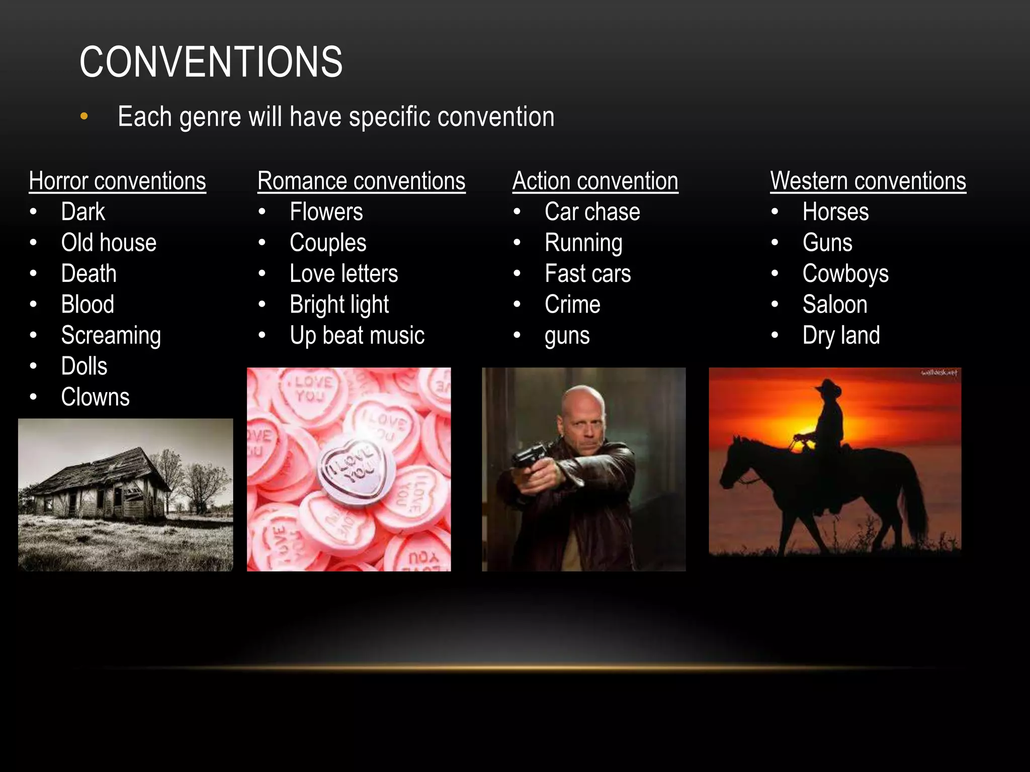 CONVENTIONS
• Each genre will have specific convention
Horror conventions
• Dark
• Old house
• Death
• Blood
• Screaming
• Dolls
• Clowns

Romance conventions
• Flowers
• Couples
• Love letters
• Bright light
• Up beat music

Action convention
• Car chase
• Running
• Fast cars
• Crime
• guns

Western conventions
• Horses
• Guns
• Cowboys
• Saloon
• Dry land

 
