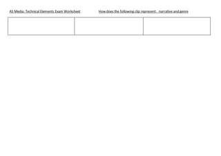 AS Media: Technical Elements Exam Worksheet How does the following clip represent: narrative and genre 
