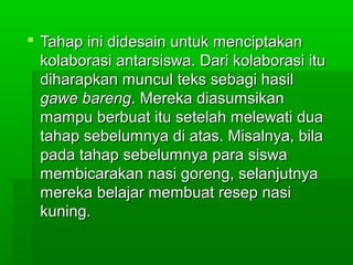  Tahap ini didesain untuk menciptakan
  kolaborasi antarsiswa. Dari kolaborasi itu
  diharapkan muncul teks sebagi hasil
  gawe bareng. Mereka diasumsikan
  mampu berbuat itu setelah melewati dua
  tahap sebelumnya di atas. Misalnya, bila
  pada tahap sebelumnya para siswa
  membicarakan nasi goreng, selanjutnya
  mereka belajar membuat resep nasi
  kuning.
 