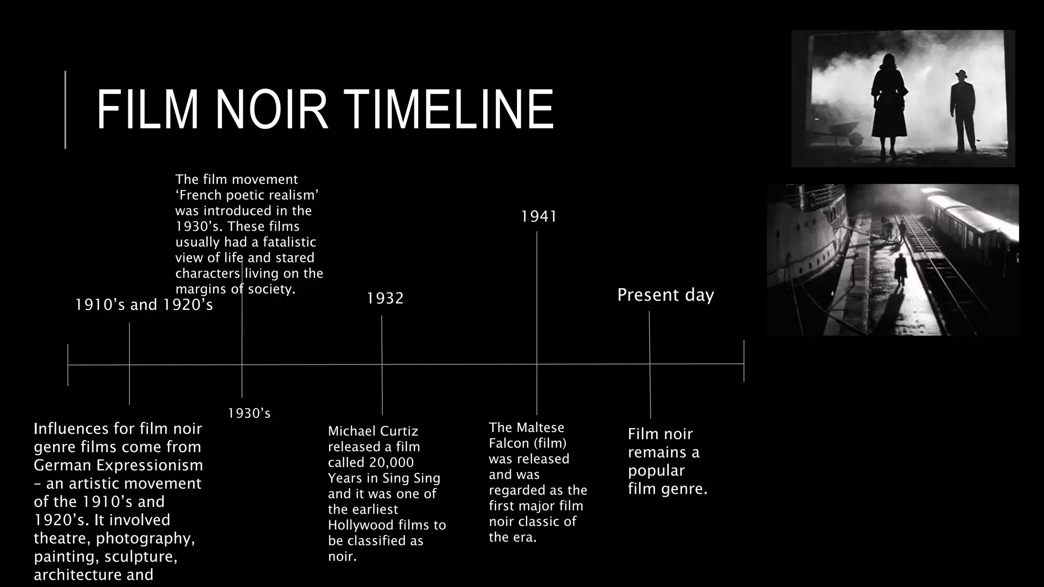 FILM NOIR TIMELINE
1910’s and 1920’s
Influences for film noir
genre films come from
German Expressionism
– an artistic movement
of the 1910’s and
1920’s. It involved
theatre, photography,
painting, sculpture,
architecture and
1930’s
The film movement
‘French poetic realism’
was introduced in the
1930’s. These films
usually had a fatalistic
view of life and stared
characters living on the
margins of society.
1932
Michael Curtiz
released a film
called 20,000
Years in Sing Sing
and it was one of
the earliest
Hollywood films to
be classified as
noir.
1941
The Maltese
Falcon (film)
was released
and was
regarded as the
first major film
noir classic of
the era.
Present day
Film noir
remains a
popular
film genre.
 