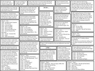 Dr Dre …
Dr Dre was born on
February 18th, 1965, in
Compton (California).
He started DJ’ing at an early age,
entertaining ...