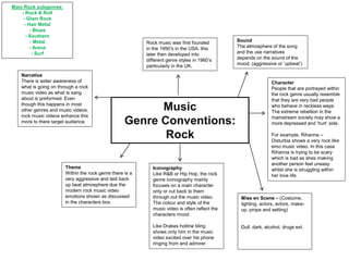 Music
Genre Conventions:
Rock
Main Rock subgenres:
- Rock & Roll
- Glam Rock
- Hair Metal
- Blues
- Southern
- Metal
- Arena
- Surf
Rock music was first founded
in the 1950’s in the USA, this
later then developed into
different genre styles in 1960’s
particularly in the UK.
Character
People that are portrayed within
the rock genre usually resemble
that they are very bad people
who behave in reckless ways.
The extreme rebellion in the
mainstream society may show a
more depressed and ‘hurt’ side.
For example, Rihanna –
Disturbia shows a very rock like
emo music video. In this case
Rihanna is trying to be scary
which is bad as shes making
another person feel uneasy
whilst she is struggling within
her love life.
Mise en Scene – (Costume,
lighting, actors, actors, make-
up, props and setting)
Dull, dark, alcohol, drugs ext.
Iconography
Like R&B or Hip Hop, the rock
genre iconography mainly
focuses on a main character
only or cut back to them
through out the music video.
The colour and style of the
music video is often reflect the
characters mood.
Like Drakes hotline bling
shows only him in the music
video excited over his phone
ringing from and admirer.
Narrative
There is wider awareness of
what is going on through a rock
music video as what is sang
about is preformed. Even
though this happens in most
other genres and music videos,
rock music videos enhance this
more to there target audience.
Theme
Within the rock genre there is a
very aggressive and laid back
up beat atmosphere due the
modern rock music video
emotions shown as discussed
in the characters box.
Sound
The atmosphere of the song
and the use narratives
depends on the sound of the
mood. (aggressive or ‘upbeat’)
 