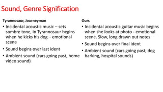Sound, Genre Signification
Tyrannosaur, Journeyman
• Incidental acoustic music – sets
sombre tone, in Tyrannosaur begins
when he kicks his dog – emotional
scene
• Sound begins over last ident
• Ambient sound (cars going past, home
video sound)
Ours
• Incidental acoustic guitar music begins
when she looks at photo - emotional
scene. Slow, long drawn out notes
• Sound begins over final ident
• Ambient sound (cars going past, dog
barking, hospital sounds)
 