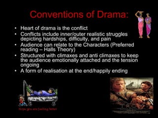 Conventions of Drama: <ul><li>Heart of drama is the conflict  </li></ul><ul><li>Conflicts include inner/outer realistic st...