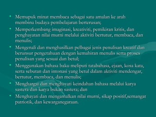 • Memupuk minat membaca sebagai satu amalan ke arah
  membina budaya pembelajaran berterusan;
• Memperkembang imaginasi, kreativiti, pemikiran kritis, dan
  penghayatan nilai murni melalui aktiviti bertutur, membaca, dan
  menulis;
• Mengenali dan menghasilkan pelbagai jenis penulisan kreatif dan
  berunsur pengetahuan dengan kemahiran menulis serta proses
  penulisan yang sesuai dan betul;
• Menggunakan bahasa baku meliputi tatabahasa, ejaan, kosa kata,
  serta sebutan dan intonasi yang betul dalam aktiviti mendengar,
  bertutur, membaca, dan menulis;
• Menghargai dan menghayati keindahan bahasa melalui karya
  sastera dan karya bukan sastera; dan
• Menghayati dan mengamalkan nilai murni, sikap positif,semangat
  patriotik, dan kewarganegaraan.
 