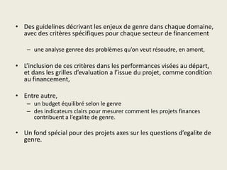 • Des guidelines décrivant les enjeux de genre dans chaque domaine,
  avec des critères spécifiques pour chaque secteur de financement

    – une analyse genree des problèmes qu’on veut résoudre, en amont,

• L’inclusion de ces critères dans les performances visées au départ,
  et dans les grilles d’evaluation a l’issue du projet, comme condition
  au financement,

• Entre autre,
    – un budget équilibré selon le genre
    – des indicateurs clairs pour mesurer comment les projets finances
      contribuent a l’egalite de genre.

• Un fond spécial pour des projets axes sur les questions d’egalite de
  genre.
 