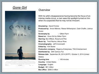 Gone Girl
Overview
With his wife's disappearance having become the focus of an
intense media circus, a man sees the spotlight turned on him
when it's suspected that he may not be innocent.
Directed by: David Fincher
Produced by: Arnon Milchan, Reese Witherspoon, Ceán Chaffin, Joshua
Donen
Screenplay by : Gillian Flynn
Based on: Gone Girl by Gillian Flynn
Starring: Ben Affleck, Rosamund Pike
Music by: Trent Reznor, Atticus Ross
Cinematography: Jeff Cronenweth
Edited by: Kirk Baxter
Production company: Regency Enterprises, TSG Entertainment
Distributed by: 20th Century Fox
Release date: September 26, 2014 (NYFF) October 3, 2014 (United
States)
Running time : 149 minutes
Country: United States
Language: English
Budget: $61 million
Box office: $369.3 million
 