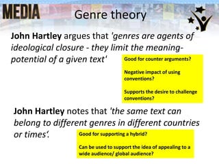 Genre theory
John Hartley argues that 'genres are agents of
ideological closure - they limit the meaning-
potential of a given text' Good for counter arguments?
Negative impact of using
conventions?
Supports the desire to challenge
conventions?
John Hartley notes that 'the same text can
belong to different genres in different countries
or times‘. Good for supporting a hybrid?
Can be used to support the idea of appealing to a
wide audience/ global audience?
 