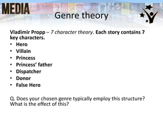Genre theory
Vladimir Propp – 7 character theory. Each story contains 7
key characters.
• Hero
• Villain
• Princess
• Princess’ father
• Dispatcher
• Donor
• False Hero
Q. Does your chosen genre typically employ this structure?
What is the effect of this?
 
