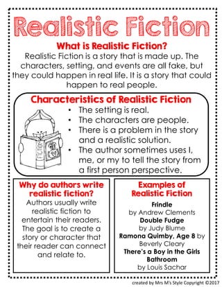 Realistic Fiction
What is Realistic Fiction?
Realistic Fiction is a story that is made up. The
characters, setting, and events are all fake, but
they could happen in real life. It is a story that could
happen to real people.
created by Mrs M’s Style Copyright ©2017
Characteristics of Realistic Fiction
• The setting is real.
• The characters are people.
• There is a problem in the story
and a realistic solution.
• The author sometimes uses I,
me, or my to tell the story from
a first person perspective.
Examples of
Realistic Fiction
Frindle
by Andrew Clements
Double Fudge
by Judy Blume
Ramona Quimby, Age 8 by
Beverly Cleary
There’s a Boy in the Girls
Bathroom
by Louis Sachar
Why do authors write
realistic fiction?
Authors usually write
realistic fiction to
entertain their readers.
The goal is to create a
story or character that
their reader can connect
and relate to.
 