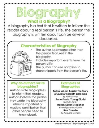 Biography
What is a Biography?
A biography is a text that is written to inform the
reader about a real person’s life. The person the
biography is written about can be alive or
deceased.
created by Mrs M’s Style Copyright ©2017
Characteristics of Biography
• The author is someone other than
the person featured in the
biography.
• Includes important events from the
person’s life.
• The author can use narration to
share snippets from the person’s life.
Examples of
Biographies
Talkin’ About Bessie: The Story
of Aviator Elizabth Coleman
By Nikki Grimes
Anne Frank: Young Diarist
By Ruth Ashby
Hellen Keller’s Teacher
By Margaret Davidson
Ben Franklin
By Augusta Stenson
Why do authors write
biographies?
Authors write biographies
to inform their readers.
Authors believe the person
they wrote the biography
about is important or
made a contribution that
other people need to
know about.
•
•
 