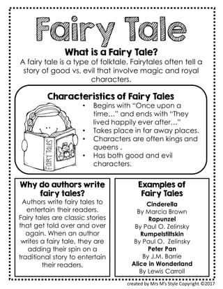 Fairy TaleWhat is a Fairy Tale?
A fairy tale is a type of folktale. Fairytales often tell a
story of good vs. evil that involve magic and royal
characters.
created by Mrs M’s Style Copyright ©2017
Characteristics of Fairy Tales
• Begins with “Once upon a
time…” and ends with “They
lived happily ever after…”
• Takes place in far away places.
• Characters are often kings and
queens .
• Has both good and evil
characters.
Examples of
Fairy Tales
Cinderella
By Marcia Brown
Rapunzel
By Paul O. Zelinsky
Rumpelstiltskin
By Paul O. Zelinsky
Peter Pan
By J.M. Barrie
Alice in Wonderland
By Lewis Carroll
Why do authors write
fairy tales?
Authors write fairy tales to
entertain their readers.
Fairy tales are classic stories
that get told over and over
again. When an author
writes a fairy tale, they are
adding their spin on a
traditional story to entertain
their readers.
 