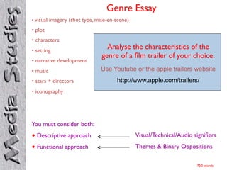 Genre Essay	


	


•  visual imagery (shot type, mise-en-scene)	


•  plot 	

•  characters	

•  setting	

•  narrative development	

•  music	

•  stars + directors	


Analyse the characteristics of the
genre of a ﬁlm trailer of your choice.	

Use Youtube or the apple trailers website
http://www.apple.com/trailers/

•  iconography	


You must consider both:	

•  Descriptive approach 	


Visual/Technical/Audio signiﬁers 	


•  Functional approach	


Themes & Binary Oppositions	

750 words	


 