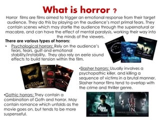 What is horror ? 
Horror films are films aimed to trigger an emotional response from their target 
audience. They do this by playing on the audience’s most primal fears. They 
contain scenes which may startle the audience through the supernatural or 
macabre, and can have the effect of mental paralysis, working their way into 
the minds of the viewers. 
There are various types of horrors: 
• Psychological horrors: Rely on the audience’s 
fears, fears, guilt and emotional 
stability/instability. They also rely on eerie sound 
effects to build tension within the film. 
•Slasher horrors: Usually involves a 
psychopathic killer, and killing a 
sequence of victims in a brutal manner. 
Slasher horror films tend to overlap with 
the crime and thriller genre. 
•Gothic horrors: They contain a 
combination of Goth and horror. May 
contain romance which unfolds as the 
movie goes on, but tends to be more 
suspenseful. 
 