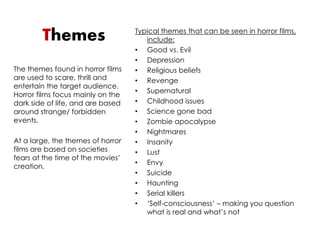 Themes Typical themes that can be seen in horror films, 
include: 
• Good vs. Evil 
• Depression 
• Religious beliefs 
• Revenge 
• Supernatural 
• Childhood issues 
• Science gone bad 
• Zombie apocalypse 
• Nightmares 
• Insanity 
• Lust 
• Envy 
• Suicide 
• Haunting 
• Serial killers 
• ‘Self-consciousness’ – making you question 
what is real and what’s not 
The themes found in horror films 
are used to scare, thrill and 
entertain the target audience. 
Horror films focus mainly on the 
dark side of life, and are based 
around strange/ forbidden 
events. 
At a large, the themes of horror 
films are based on societies 
fears at the time of the movies’ 
creation. 
 