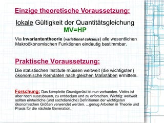 Einzige theoretische Voraussetzung:
lokale Gültigkeit der Quantitätsgleichung
                  MV=HP
Via Invariantentheorie (variational calculus) alle wesentlichen
Makroökonomischen Funktionen eindeutig bestimmbar.


Praktische Voraussetzung:
Die statistischen Institute müssen weltweit (die wichtigsten)
ökonomische Kerndaten nach gleichen Maßstäben ermitteln.


Forschung: Das komplette Grundgerüst ist nun vorhanden. Vieles ist
aber noch auszubauen, zu entdecken und zu erforschen. Wichtig: weltweit
sollten einheitliche (und sachdienliche) Definitionen der wichtigsten
ökonomischen Größen verwendet werden. ...genug Arbeiten in Theorie und
Praxis für die nächste Generation.
 