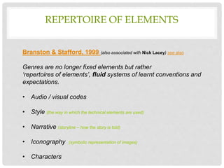 REPERTOIRE OF ELEMENTS
Branston & Stafford, 1999 (also associated with Nick Lacey) see also
Genres are no longer fixed elements but rather
‘repertoires of elements’, fluid systems of learnt conventions and
expectations.
• Audio / visual codes
• Style (the way in which the technical elements are used)
• Narrative (storyline – how the story is told)
• Iconography (symbolic representation of images)
• Characters
 