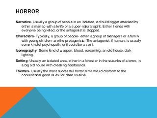 HORROR
Narrative- Usually a group of people in an isolated, old building get attacked by
either a maniac with a knife or a super-natural spirit. Either it ends with
everyone being killed, or the antagonist is stopped.
Characters- Typically, a group of people- either a group of teenagers or a family
with young children- are the protagonists. The antagonist, if human, is usually
some kind of psychopath, or it could be a spirit.
Iconography- Some kind of weapon, blood, screaming, an old house, dark
lighting.
Setting- Usually an isolated area, either in a forest or in the suburbs of a town, in
a big old house with creaking floorboards.
Themes- Usually the most successful horror films would conform to the
conventional good vs evil or dead vs alive.
 