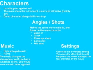 Characters  Usually good against evil The main character is innocent, smart and attractive (mainly girl)  Dumb character always fall into a trap  Angles / Shots Music  High stringed music  Horns The music changes the atmosphere, so if you had a suspense scene, you would have a music more agitated Makes the scene more realistic, and focus on the main character Zoom in  Track Close up shots  Long shot Mid shot  Generally it is a everyday setting  This gives the effect that it could happen to the viewer adding to the fear promoted by the movie  Settings  