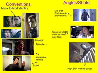 Conventions Mask to hind identity  Blood Tragedy…. Vulnerable Female Revenge Angles/Shots Mid shot Body reaction (movement) Close up shot to show emotion e.g.: fear, High Shot to show power 