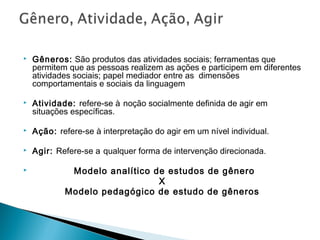  
 Gêneros: São produtos das atividades sociais; ferramentas que
permitem que as pessoas realizem as ações e participem em diferentes
atividades sociais; papel mediador entre as dimensões
comportamentais e sociais da linguagem
 Atividade: refere-se à noção socialmente definida de agir em
situações específicas.
 Ação: refere-se à interpretação do agir em um nível individual.
 Agir: Refere-se a qualquer forma de intervenção direcionada.
 Modelo analítico de estudos de gênero
X
Modelo pedagógico de estudo de gêneros
 