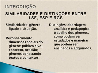 SIMILARIDADES E DISTINÇÕES ENTRE
LSF, ESP E RGS
INTRODUÇÃO
 