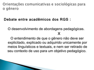 Debate entre acadêmicos dos RGS :
O desenvolvimento de abordagens pedagógicas.
X
O entendimento de que o gênero não deve ser
explicitado, explicado ou adquirido unicamente por
meios linguísticos e textuais, e nem ser retirado de
seu contexto de uso para um objetivo pedagógico.
 