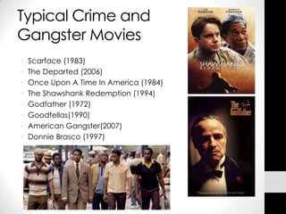 Typical Crime and
Gangster Movies
•   Scarface (1983)
•   The Departed (2006)
•   Once Upon A Time In America (1984)
•   The Shawshank Redemption (1994)
•   Godfather (1972)
•   Goodfellas(1990)
•   American Gangster(2007)
•   Donnie Brasco (1997)
 
