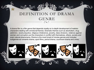 DEFINITION OF DRAMA
                   GENRE

A drama film is a film genre that depends mostly on in-depth development of realistic
characters dealing with emotional themes. Dramatic themes such as alcoholism, drug
addiction, racial prejudice, religious intolerance, poverty, class divisions, violence against
women and corruption put the characters in conflict with themselves, others, society and
even natural phenomena. Drama is the most broad of movies genres and includes
subgenres as romantic drama, sport films, period drama, courtroom drama and crime.
 