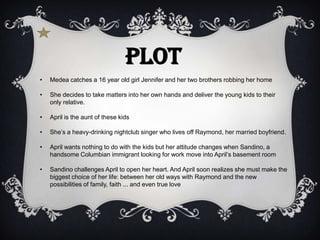 Plot
•   Medea catches a 16 year old girl Jennifer and her two brothers robbing her home

•   She decides to take matters into her own hands and deliver the young kids to their
    only relative.

•   April is the aunt of these kids

•   She’s a heavy-drinking nightclub singer who lives off Raymond, her married boyfriend.

•   April wants nothing to do with the kids but her attitude changes when Sandino, a
    handsome Columbian immigrant looking for work move into April’s basement room

•   Sandino challenges April to open her heart. And April soon realizes she must make the
    biggest choice of her life: between her old ways with Raymond and the new
    possibilities of family, faith ... and even true love
 