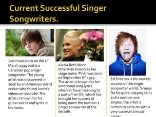 Justin was born on the 1st
March 1994 and is a           Alecia Beth Moor
Canadian pop singer           otherwise known as her
songwriter. The young         stage name ‘Pink’ was born
artist was discovered in      on September 8th 1979.          Ed Sheeran is the newest
                              The artist is known for her     success of the singer
2008 by an American talent    emotional song lyrics
seeker who found Justin’s                                     songwriter world, famous
                              which all have meaning to
videos on youtube. The        a part of her life, which has   for his guitar playing skills
artist is known for his       brought her success of          and 2 number one
guitar talent and lyrics in   being name the number 1         singles, the artist is
his music.                    singer songwriter of the        certain to carry on with a
                              decade.                         very successful music
 