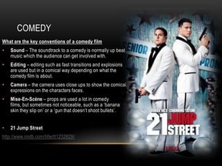 COMEDY
What are the key conventions of a comedy film
•   Sound – The soundtrack to a comedy is normally up beat
    music which the audience can get involved with.
•   Editing – editing such as fast transitions and explosions
    are used but in a comical way depending on what the
    comedy film is about.
•   Camera – the camera uses close ups to show the comical
    expressions on the characters faces.
•   Mise-En-Scéne – props are used a lot in comedy
    films, but sometimes not noticeable, such as a ‘banana
    skin they slip on’ or a ‘gun that doesn’t shoot bullets’.


•   21 Jump Street
http://www.imdb.com/title/tt1232829/
 