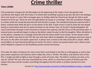 Crime thriller
Taken (2008)

(The production company for the film begins at the beginning of the trailer.) From the ghostly choir
soundtrack that begins with this trailer, it is hinted that something is going to go bad. But from the dialogue,
there and visuals it is seen that a teenager goes on holiday while her friend even though her Dad is quite
hesitant to let her go. These are seen through flashes of visuals in a montage. Then the soundtrack changes
to crashes while the visuals become blurred and the font is jumpy. The soundtrack becomes cold and with a
heavy, constant beat while the girl is on the phone to her dad. A split screen is used to show the two people
having a conversation and the cut speed increases as the tension rises. As the girl is being kidnapped, the
music only breaks through in short seconds to increase the suspense and the horror of the girl being taken. A
classical piano soundtrack begins to play as the father makes his plan to find his daughter. When the father is
on the phone, cutaways to a montage of the film and the action within it are shown. As the tension arises
when the father says that he will ‘kill’ the men who have taken his daughter, the cutaways and music stop as
the voice on the other end replies ‘good luck’. A phone tone is heard as the title of the film is shown. While
sound effects of a girl heavily breathing are heard, the actor’s names are quickly shown over a black screen
which heightens suspense as the breathing sounds scared and anxious.


The trailer for taken introduces the main crime that is committed in the film as a kidnapping, as well as fact
pace action sequences and violence which makes the crime a ‘thriller. The father, and obvious hero of the
film, is tough and able to fight as seen through a series of action clips. The father’s motives are clear as he
says he ‘will kill’ the man who has committed the crime, which is a main focus point of thrillers plus this
implies that there will be murders and killings throughout the film which is another element of crime
thrillers.
                             Youtube link: http://www.youtube.com/watch?v=k8HknJ3IaLk&feature=player_embedded
 