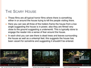 THE SCARY HOUSE
 These films are all typical horror films where there is something
either in or around the house trying to kill the people visiting there.
 Here you can see all three of the trailers frame the house from a low
angle suggesting the house is in power, also they are filmed very
close to the ground suggesting a underworld. This is typically done to
engage the reader into a sense of fear around the house.
 In each shot you can see there is dead trees and leaves surrounding
the house as well as a unkempt feel, this suggests the house has
been vacant for sometime and suggesting it shouldn't be entered.
 