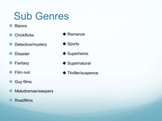 Sub Genres
 Bipocs
 Chickflicks
 Detective/mystery
 Disaster
 Fantasy
 Film noir
 Guy films
 Melodramas/weepers
 Roadfilms
 Romance
 Sports
 Superheros
 Supernatural
 Thriller/suspence
 