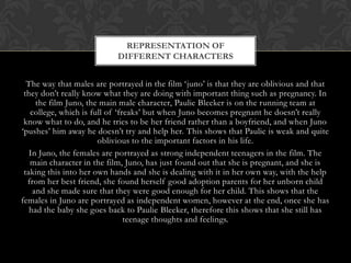 REPRESENTATION OF
DIFFERENT CHARACTERS
The way that males are portrayed in the film ‘juno’ is that they are oblivious and that
they don’t really know what they are doing with important thing such as pregnancy. In
the film Juno, the main male character, Paulie Bleeker is on the running team at
college, which is full of ‘freaks’ but when Juno becomes pregnant he doesn’t really
know what to do, and he tries to be her friend rather than a boyfriend, and when Juno
‘pushes’ him away he doesn’t try and help her. This shows that Paulie is weak and quite
oblivious to the important factors in his life.
In Juno, the females are portrayed as strong independent teenagers in the film. The
main character in the film, Juno, has just found out that she is pregnant, and she is
taking this into her own hands and she is dealing with it in her own way, with the help
from her best friend, she found herself good adoption parents for her unborn child
and she made sure that they were good enough for her child. This shows that the
females in Juno are portrayed as independent women, however at the end, once she has
had the baby she goes back to Paulie Bleeker, therefore this shows that she still has
teenage thoughts and feelings.

 