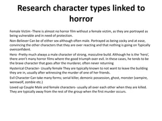 Research character types linked to
horror
Female Victim -There is almost no horror film without a female victim, as they are portrayed as
being vulnerable and in need of protection.
Non-Believer Can be of either sex-although often male. Portrayed as being cocky and at ease,
convincing the other characters that they are over reacting and that nothing is going on Typically
overconfident.
Hero -Pretty much always a male character of strong, masculine build. Although he is the ‘hero’,
there aren’t many horror films where the good triumph over evil. In these cases, he tends to be
the brave character that goes after the murderer, often never returning
Hysterical Character- Usually female They are typically known to not want to leave the building
they are in, usually after witnessing the murder of one of her friends.
Evil Character Can take many forms; serial killer, demonic possession, ghost, monster (vampire,
werewolf, zombie etc.)
Loved up Couple Male and female characters- usually all over each other when they are killed.
They are typically away from the rest of the group when the first murder occurs.

 